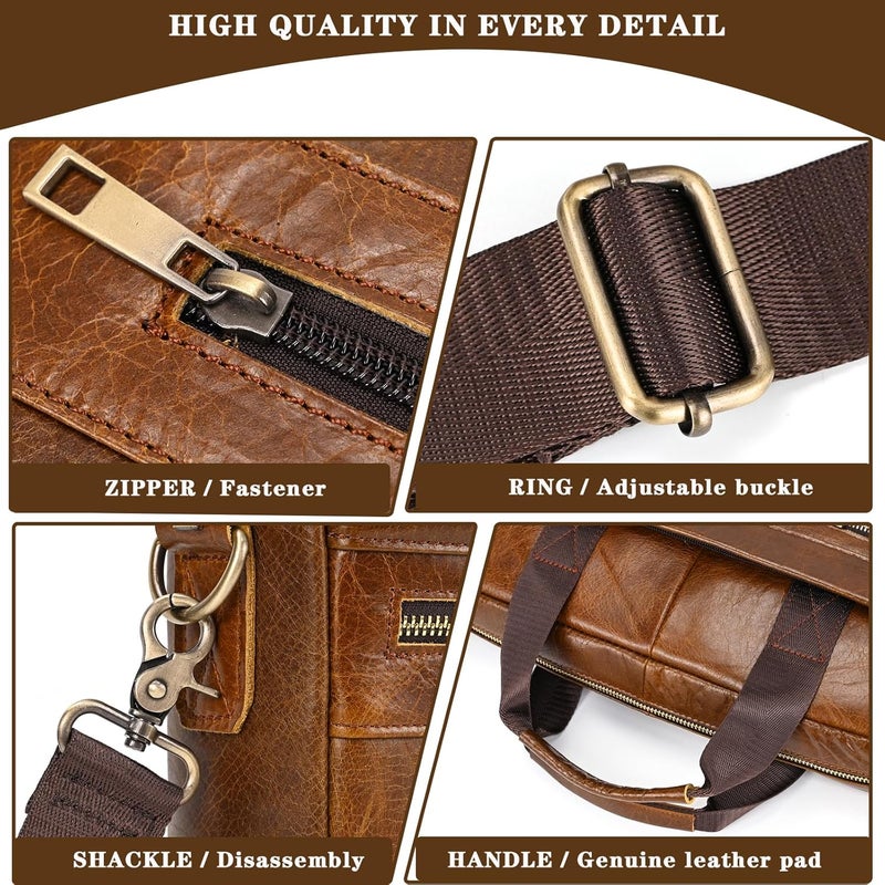 SAIION Genuine Leather Briefcase for Men, Laptop Computer Shoulder Bag With Strap, 15.6 Inch Business Travel Work Handbag - Image 5